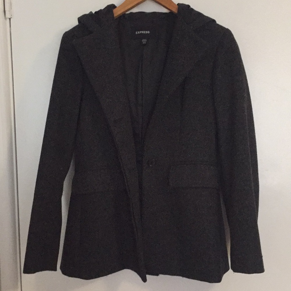 Express will coat with hood. Dark gray. Size 3/4